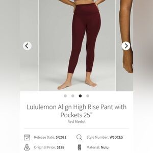 Lululemon Align High Rise Pant with Pockets 25" Red Merlot size 8